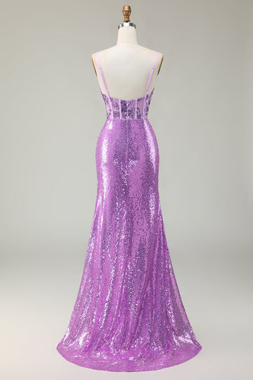 Vestido de fiesta con corsé de sirena púrpura brillante con apliques y abertura